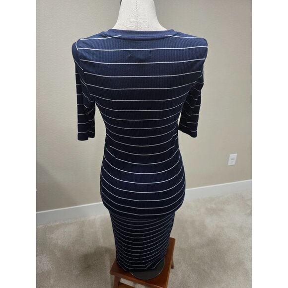 Navy & White Striped Fitted Ribbed Knit Dress With 3/4 Sleeves & Round Neckline - Picture 6 of 8